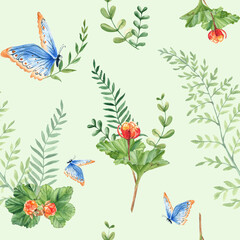 Seamless watercolor pattern with cloudberry leaves and berries, fern, green branches, blue butterfly. Botanical summer hand drawn illustration on green background. Can be used for gift wrapping paper