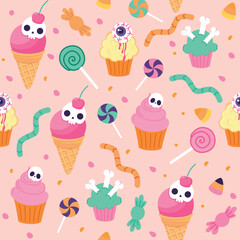 Pattern with sweets for Halloween on a pink background