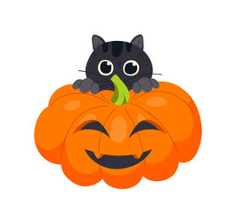Halloween pumpkin concept. Scary character for international holiday of fear and horror. Template, layout and mock up. Cartoon flat vector illustration isolated on white background