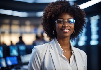 portrait of smiling afro woman, businesswoman background concept