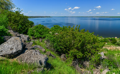 Natural spring landscape of green steppe on the shore of the Khadzhibey estuary, southern Ukraine