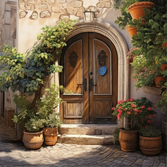 a wooden arched door of a house in a mediterranean village