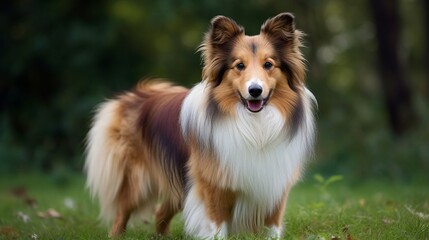 playful australian shepherd dog, shetland sheepdog  in the park, in the yard, on grass