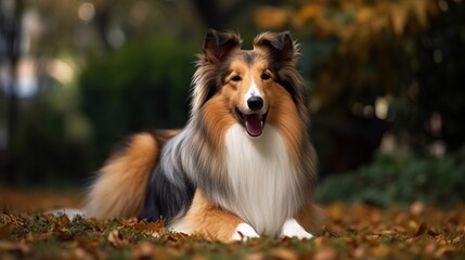 Fototapeta premium playful australian shepherd dog, shetland sheepdog in the park, in the yard, on grass