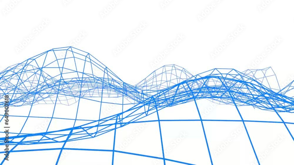 Poster Floating blue grid of lines on a white background. Abstract screensaver for intro. Rendering animation.