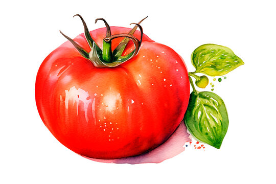 Image of tomato painted in watercolor style with bright colors.
