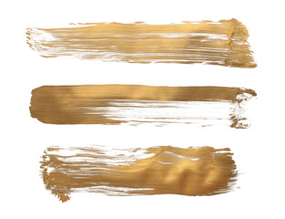 Gold glitter ink color smear brush stroke stain line blot on white background.