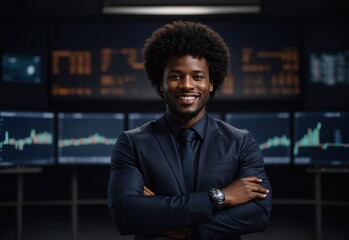 Bussines afro men technology, Showing Digital Growth Graphic Chart in the Background