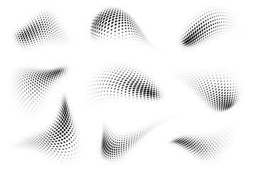 Set of abstract curved liquid shapes with halftone dotted texture on white background. Graphic elements with fluid waves effect and spray gradient