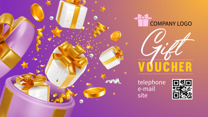 Giveaway, sale or win, conceptual gift voucher template. 3d realistic open gift box, gifts, coins and confetti fly out from it, like explosion on pink background. Vector illustration