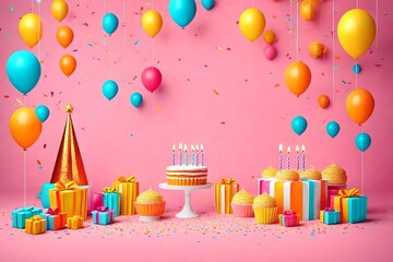 Obraz premium Birthday balloons and happy birthday cake with colorful candles