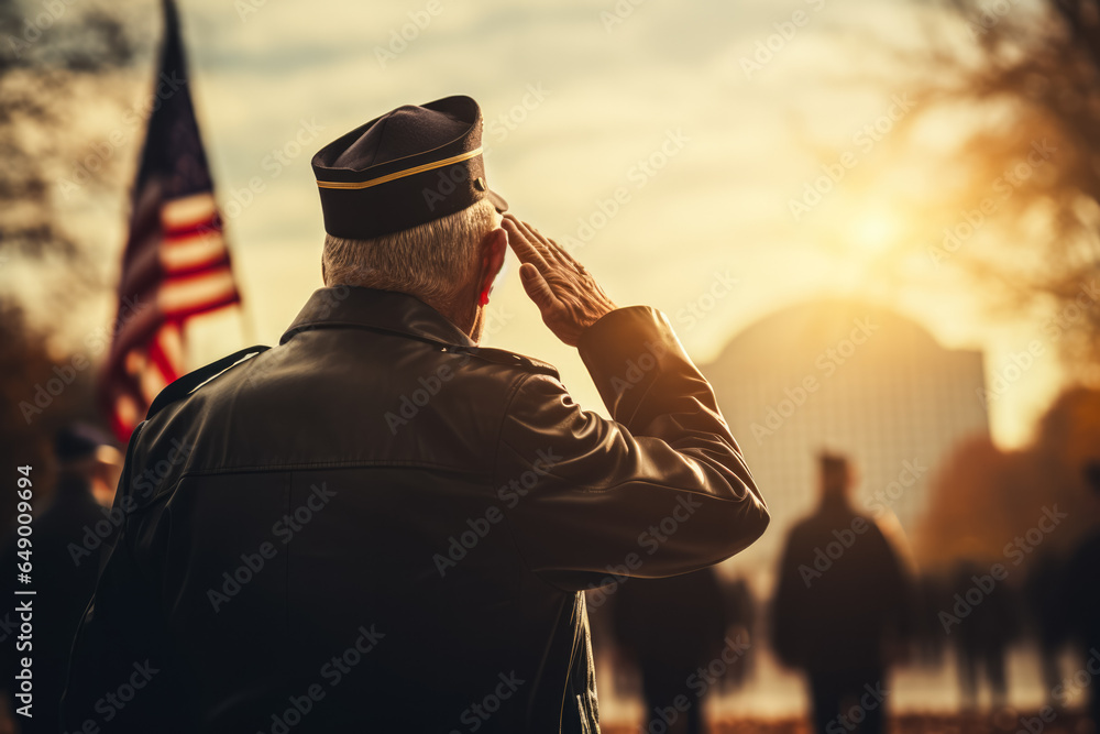 Poster patriotic veterans saluting in front of iconic us landmarks background with empty space for text