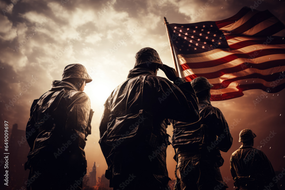 Poster patriotic veterans saluting in front of iconic us landmarks background with empty space for text