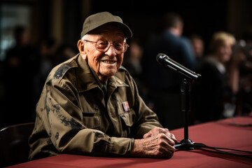 Elderly WWII veterans animatedly narrating war stories on Veterans Day  - obrazy, fototapety, plakaty