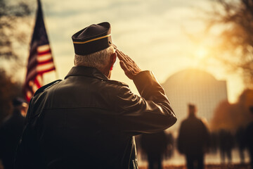 Patriotic veterans saluting in front of iconic US landmarks background with empty space for text  - obrazy, fototapety, plakaty