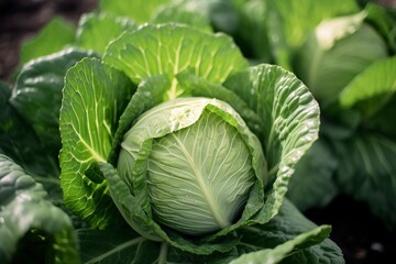 Cabbage growing in an urban garden. Cabbage leaves and head close up. 