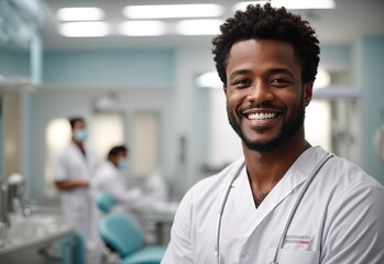 Bussines afro men dentist smiling wearing white outfit in dentist hospital - obrazy, fototapety, plakaty