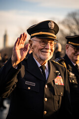 Obraz premium Veterans in uniform saluting proudly against the backdrop of iconic US landmarks on Veterans Day 