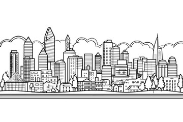 Thin line style city panorama. Outline cityscape Wide horizontal panorama. Black white vector