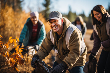 Fototapeta premium Veterans joyfully participating in community clean-up activities on Veterans Day 