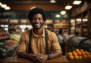 Bussines afro men cashier smiling wearing cashier outfit inside market store - obrazy, fototapety, plakaty