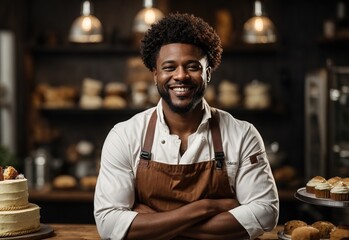 Bussines afro men cake store smiling wearing chef outfit with kitchen on the background