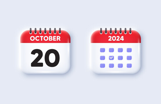 Calendar date 3d icon. 20th day of the month icon. Event schedule date. Meeting appointment time. 20th day of October month. Calendar event reminder date. Vector