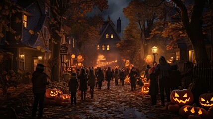 Obraz premium Halloween celebration with residents in a small street. Pumpkin decoration. Generative AI