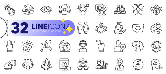 Outline set of Touchscreen gesture, Cough and Puzzle line icons for web with Copyrighter, Business meeting, Engineering team thin icon. Squad, Multitasking gesture, Person info pictogram icon. Vector