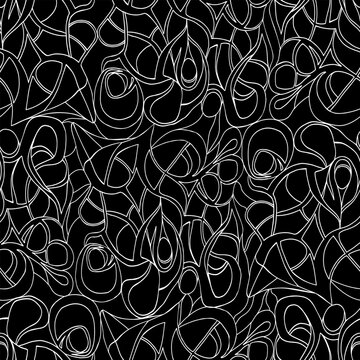 Vector seamless abstract white hand-drawn outline figures pattern isolated on a black background.
