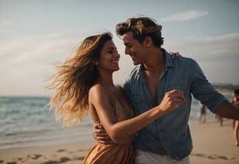 Beautiful smile happy loving couple dancing at the beach