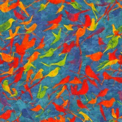 Colorful birds on blue background abstract art