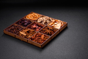 Variation of dry fruits strawberry, apple, cherry, banana, peach, plum and star anise