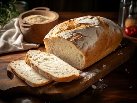 Bread and Board: Detailed Top-Down View of Sliced Bread on Rustic Board in Cozy Home Setting