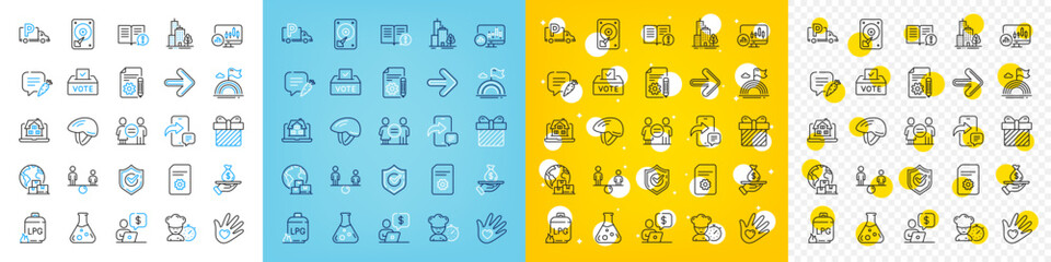 Vector icons set of Equality, Equity and Chemistry lab line icons pack for web with Documentation, Chef, Gas cylinder outline icon. Social responsibility, Confirmed, Realtor pictogram. Vector