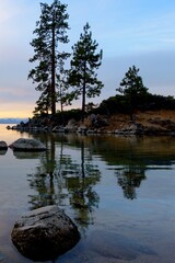 Tranquil Tahoe Beauty: 4K Image of Lake Tahoe View from Lakeshore with Stone and Sky