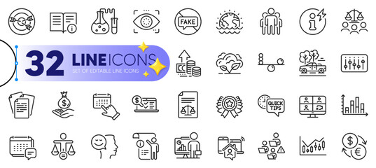 Outline set of Good mood, Technical info and Balance line icons for web with Legal documents, Ethics, Dj controller thin icon. Message, Pickup, Event click pictogram icon. Eye detect. Vector