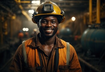 Afro men miner worker smile wearing helmet in ocean oil mine
