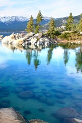 Tranquil Tahoe Beauty: 4K Image of Lake Tahoe View from Lakeshore with Stone and Sky