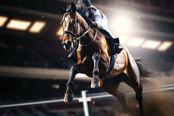 Horse races, jockey and his horse running towards finish line.  - obrazy, fototapety, plakaty