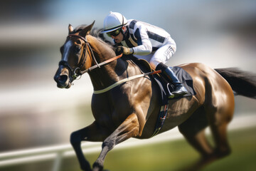 Naklejka premium Horse races, jockey and his horse running towards finish line. 