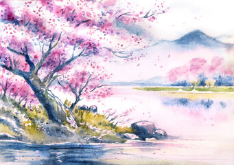 Watercolor landscape with mountains and cherry blossoms over lakes, illustrations for postcards, covers, posters and other printing. - 649012247