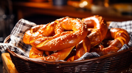 freshly baked Germanys pretzels in a wicker baske, generative ai - obrazy, fototapety, plakaty