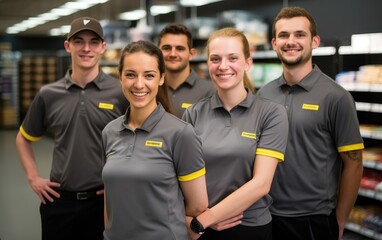 Employees stand posing in a store. Generative AI