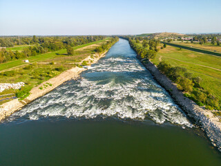 Aerial view of Sava river rapids, on the eastern side of Zagreb city, Croatia, with hidden, green...