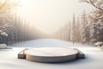 Podium with natural material On snow Background And Reflective Concrete With Empty Space For Text ,Generative AI