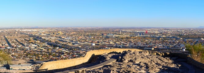 Borderland Panorama: 4K Panoramic View of El Paso City and Ciudad de Juarez with Mountains and Sky