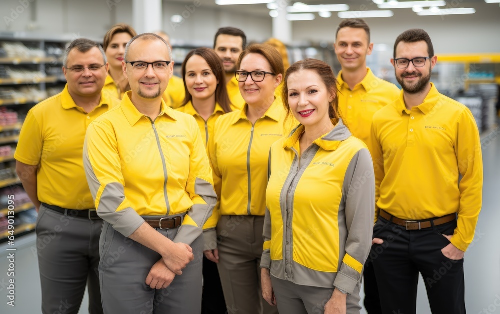 Wall mural Employees stand posing in a store. Generative AI