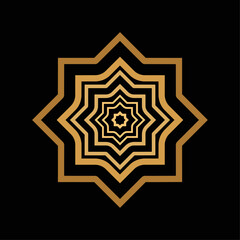 Eight point star icon Gold line on black background Islamic geometric pattern Vector