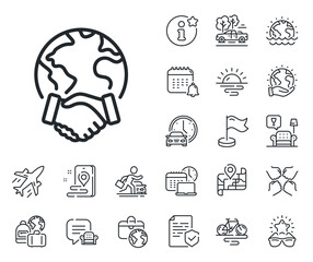 International outsourcing sign. Plane jet, travel map and baggage claim outline icons. Global business line icon. Internet marketing symbol. Global business line sign. Vector